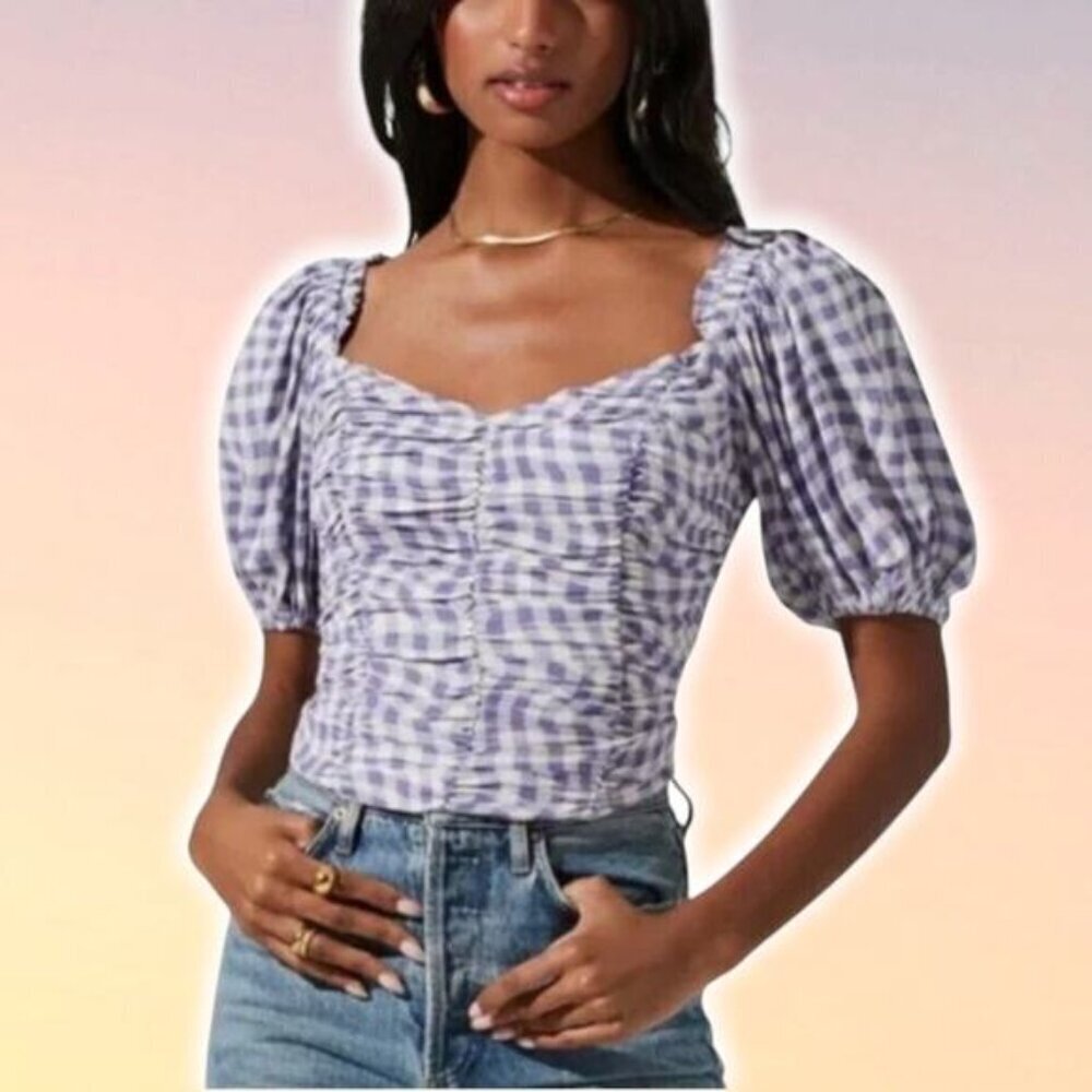 ASTR The Label Gingham Check Smocked Puff Sleeve Crop Top Sz XS